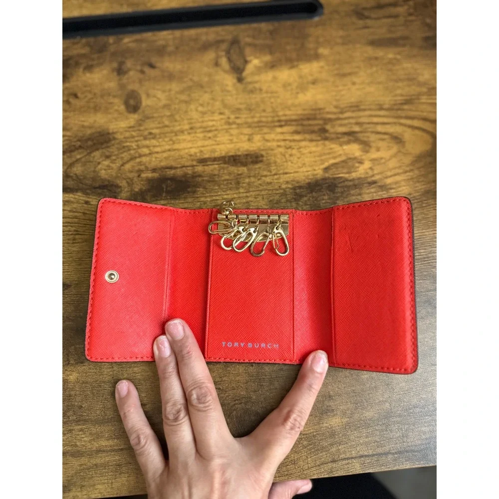 Tory Burch Robinson 6 Key Case Red Saffiano Leather Gold Logo Wallet